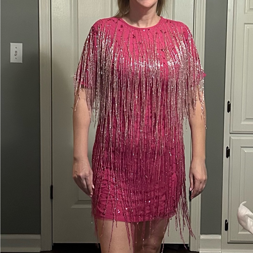 New with tags Nasty Gal pink tassel beaded shift mini dress size 6